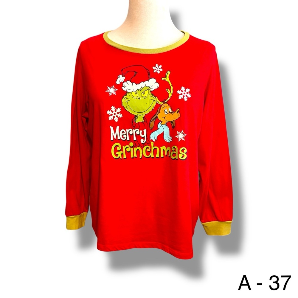 Merry Grinchmas Dr Seuss Grinch Women 2X 18W 20W  PJ Top Red Cotton Blend